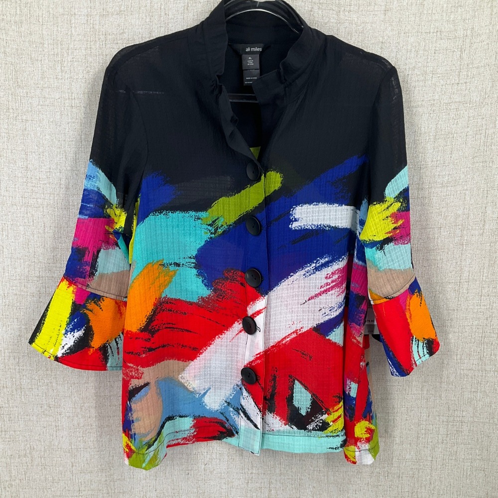 Ali Miles Button Up Jacket Womens PL Multicolor Abstract Crinkle Art to Wear NEW